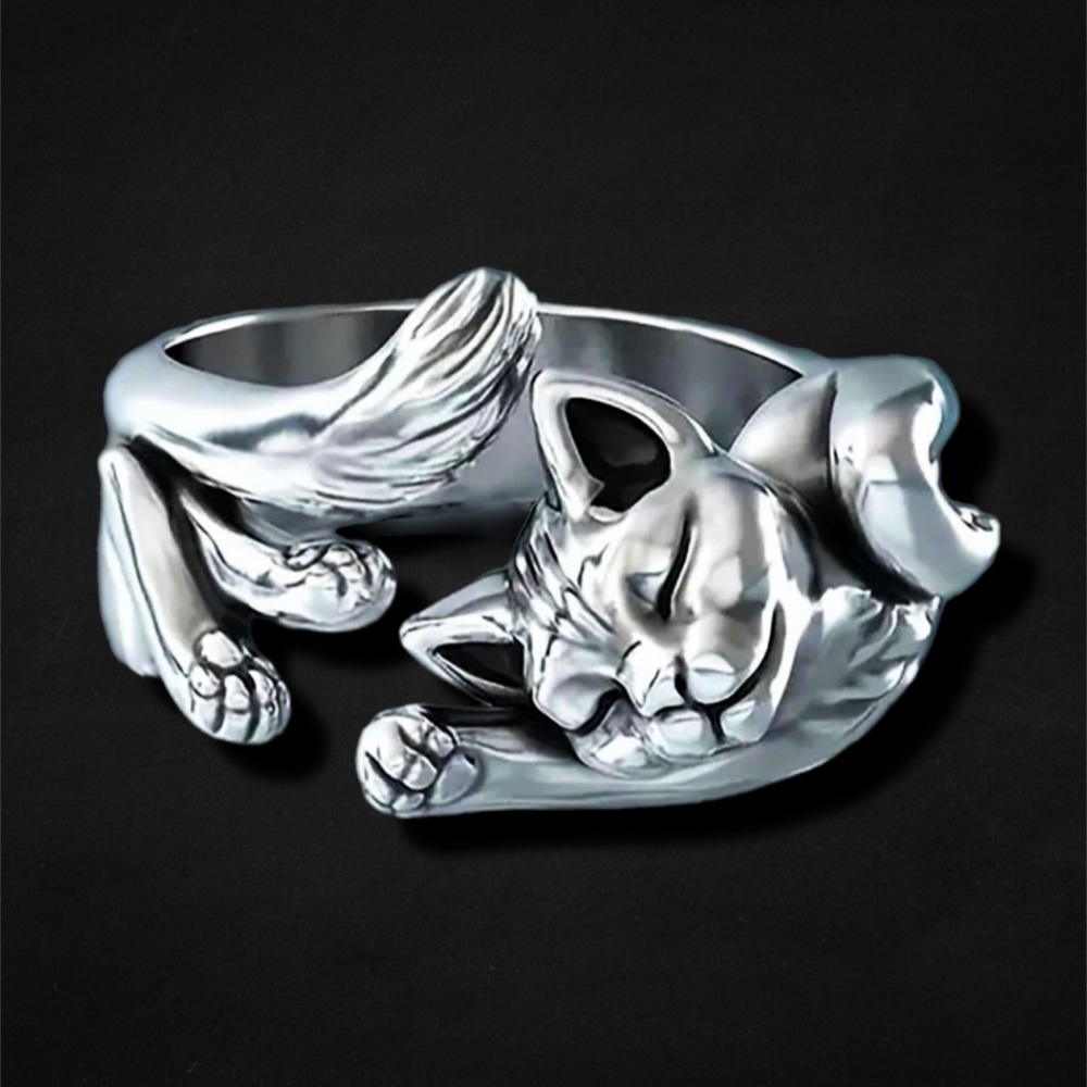 ❀ 925 Adjustable Silver Sleepy Kitty Cat Cuff Ring